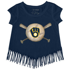 Milwaukee Brewers Tiny Turnip Girls Youth Baseball Cross Bats Fringe T-Shirt - Navy - MLB Lifestyle