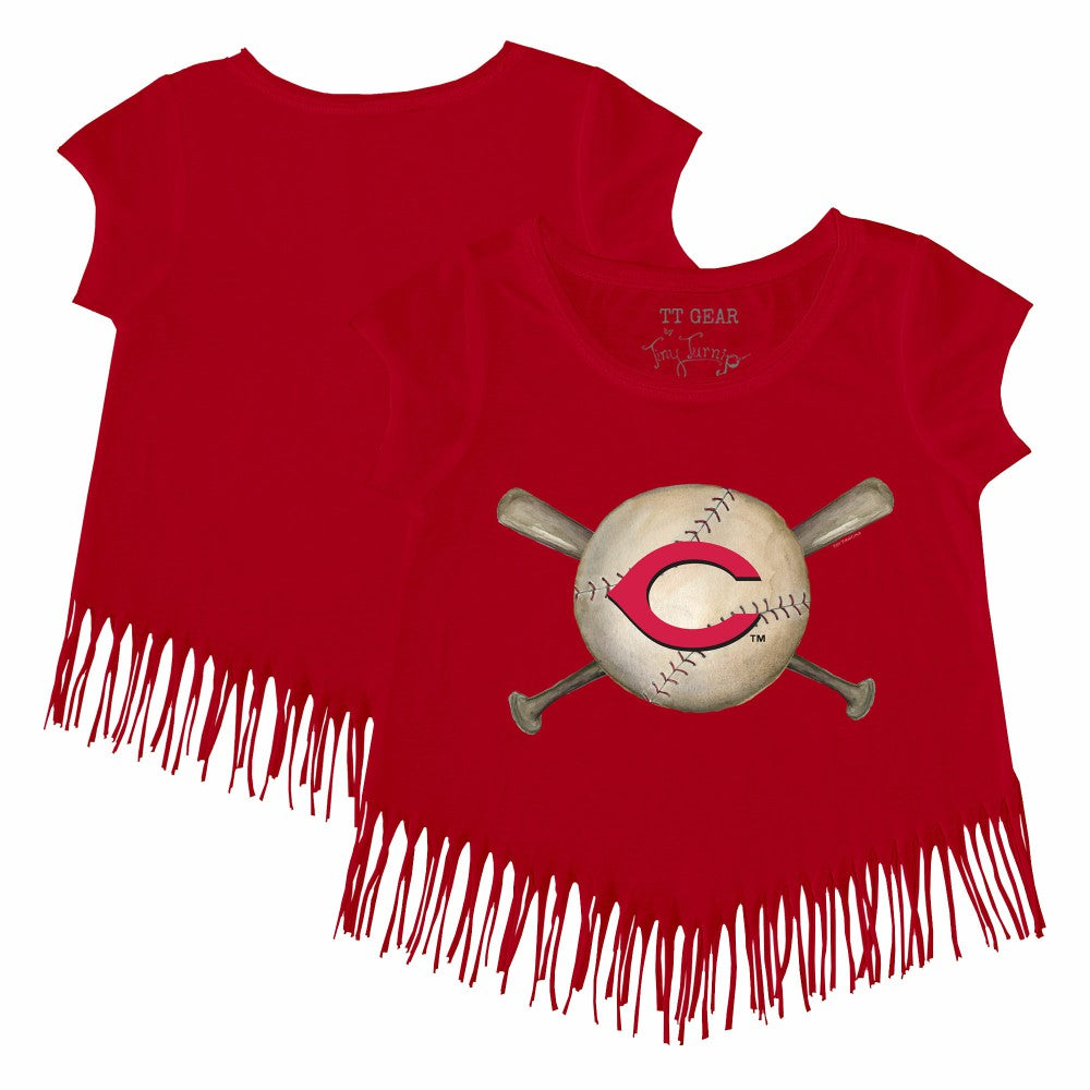 Cincinnati Reds Tiny Turnip Girls Youth Baseball Cross Bats Fringe T-Shirt - Red - MLB Sale