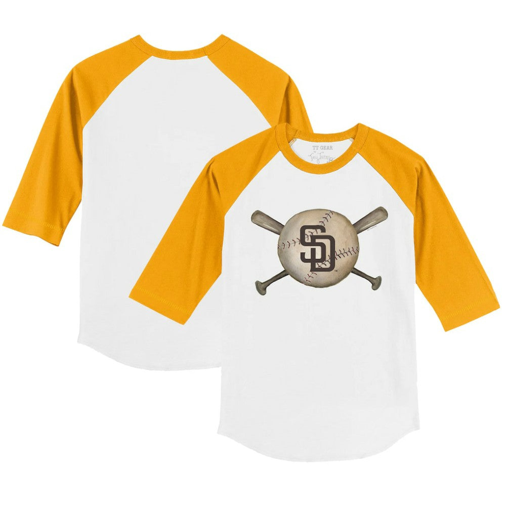 San Diego Padres Tiny Turnip Youth Baseball Cross Bats 3/4-Sleeve Raglan T-Shirt - White/Gold - MLB Sale