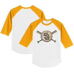 San Diego Padres Tiny Turnip Youth Baseball Cross Bats 3/4-Sleeve Raglan T-Shirt - White/Gold - MLB Sale