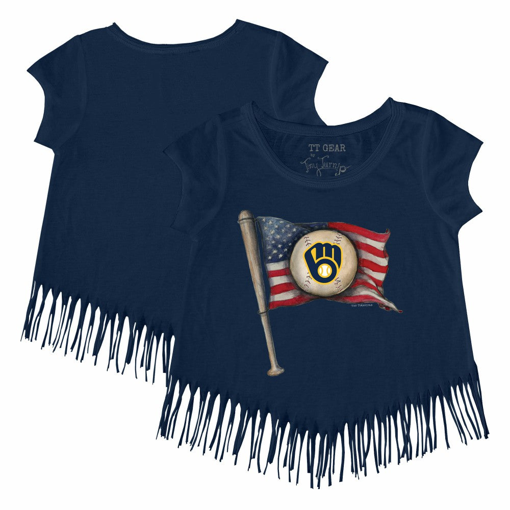 Milwaukee Brewers Tiny Turnip Girls Youth Baseball Flag Fringe T-Shirt - Navy - MLB on Sale