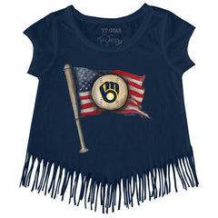 Milwaukee Brewers Tiny Turnip Girls Youth Baseball Flag Fringe T-Shirt - Navy - MLB on Sale