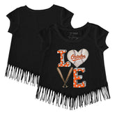 Baltimore Orioles Tiny Turnip Girls Youth Baseball Love Fringe T-Shirt - Black - MLB Sale