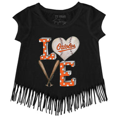 Baltimore Orioles Tiny Turnip Girls Youth Baseball Love Fringe T-Shirt - Black - MLB Sale
