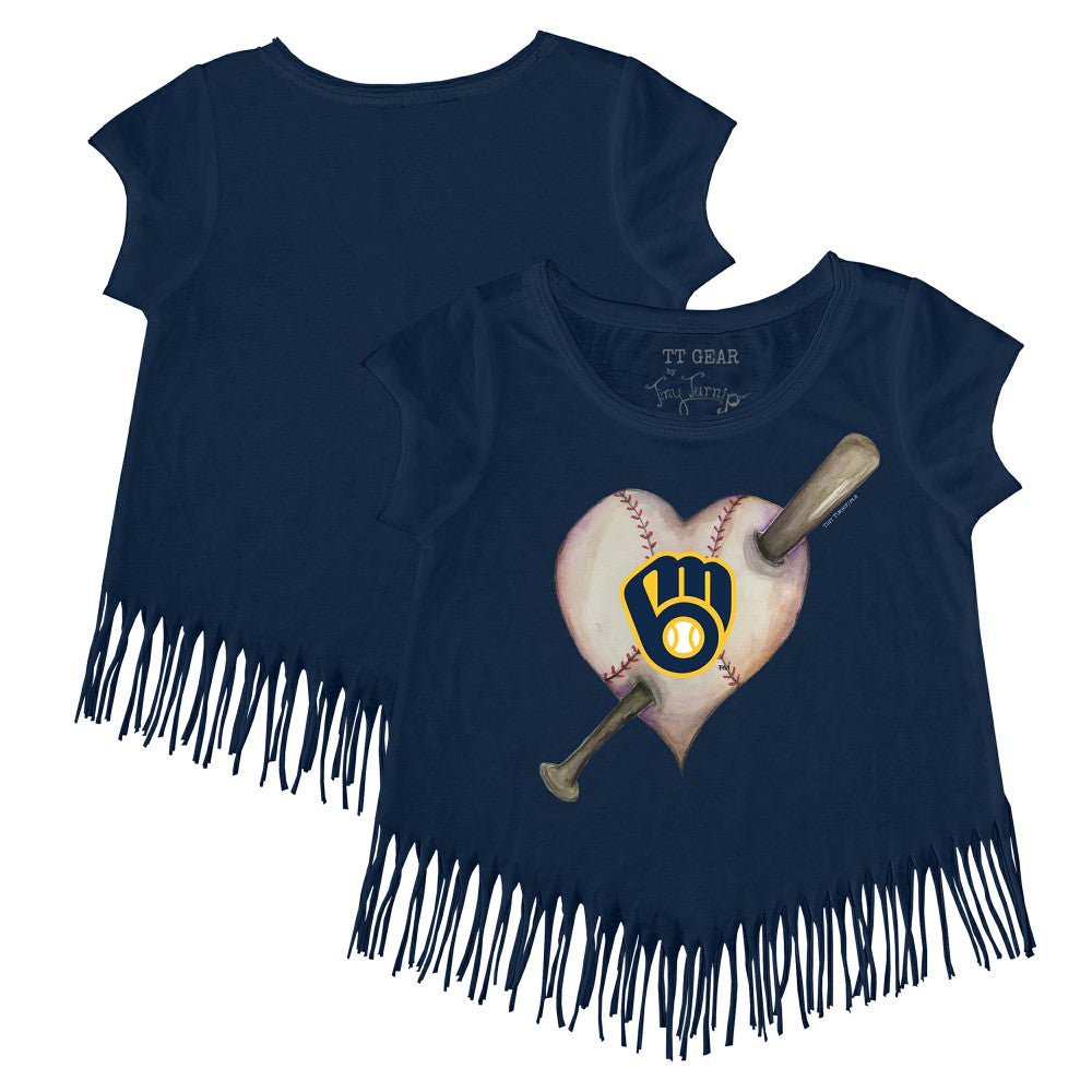 Milwaukee Brewers Tiny Turnip Girls Youth Heart Bat Fringe T-Shirt - Navy - MLB Lifestyle