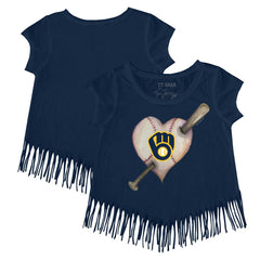 Milwaukee Brewers Tiny Turnip Girls Youth Heart Bat Fringe T-Shirt - Navy - MLB Lifestyle
