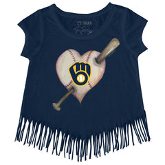 Milwaukee Brewers Tiny Turnip Girls Youth Heart Bat Fringe T-Shirt - Navy - MLB Lifestyle