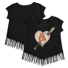 Baltimore Orioles Tiny Turnip Girls Youth Heart Bat Fringe T-Shirt - Black - MLB Lifestyle