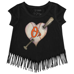Baltimore Orioles Tiny Turnip Girls Youth Heart Bat Fringe T-Shirt - Black - MLB Lifestyle