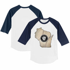 Milwaukee Brewers Tiny Turnip Youth State Outline 3/4-Sleeve Raglan T-Shirt - White/Navy - MLB Sale