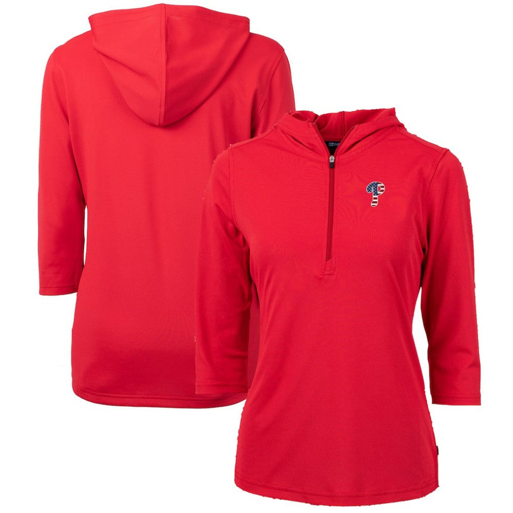 Philadelphia Phillies Cutter & Buck Women's Americana Logo DryTec Virtue Eco Pique Recycled Half-Zip Pullover Hoodie - Red - MLB Lifestyle