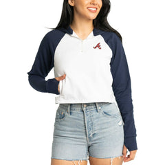 Atlanta Braves Lusso Women's Jane Raglan Quarter-Zip Tri-Blend Cropped Pullover Hoodie - White - MLB Lifestyle