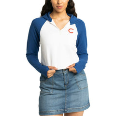 Chicago Cubs Lusso Women's Jane Raglan Quarter-Zip Tri-Blend Cropped Pullover Hoodie - White - MLB Sale
