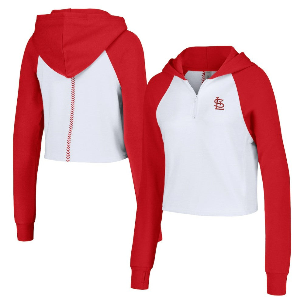 St. Louis Cardinals Lusso Women's Jane Raglan Quarter-Zip Tri-Blend Cropped Pullover Hoodie - White - MLB Sale