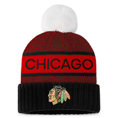 Chicago Blackhawks Fanatics Women's Authentic Pro Rink Cuffed Knit Hat with Pom - Black/Red - NHL 200000792