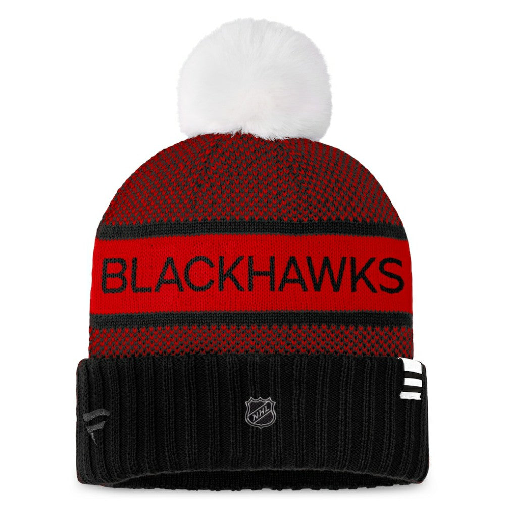 Chicago Blackhawks Fanatics Women's Authentic Pro Rink Cuffed Knit Hat with Pom - Black/Red - NHL 200000792