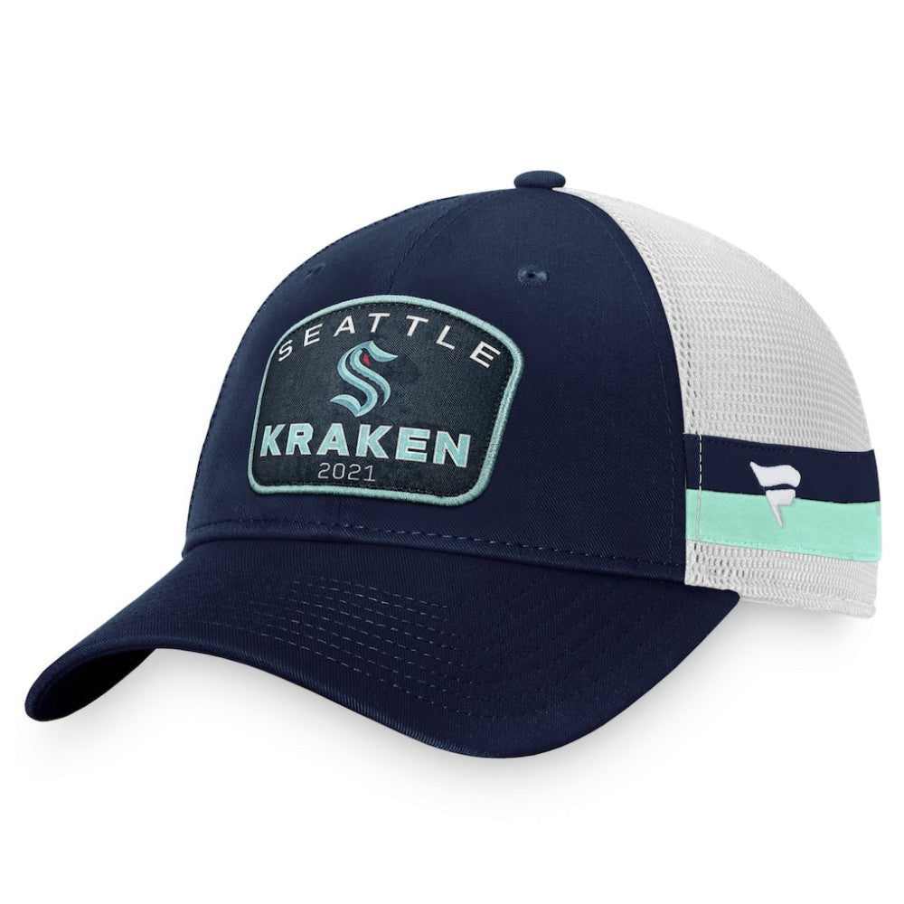 Seattle Kraken Fanatics Fundamental Striped Trucker Adjustable Hat - Deep Sea Blue/White - NHL 200010337