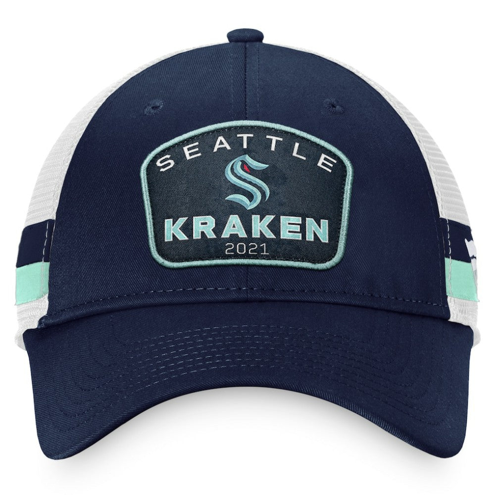 Seattle Kraken Fanatics Fundamental Striped Trucker Adjustable Hat - Deep Sea Blue/White - NHL 200010337