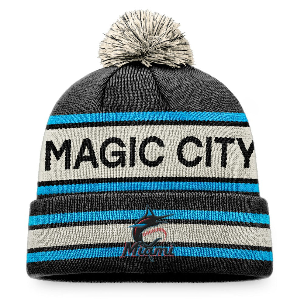 Miami Marlins Fanatics Hometown Slogan Cuffed Knit Hat with Pom - Black/Natural - Fanatics Sale