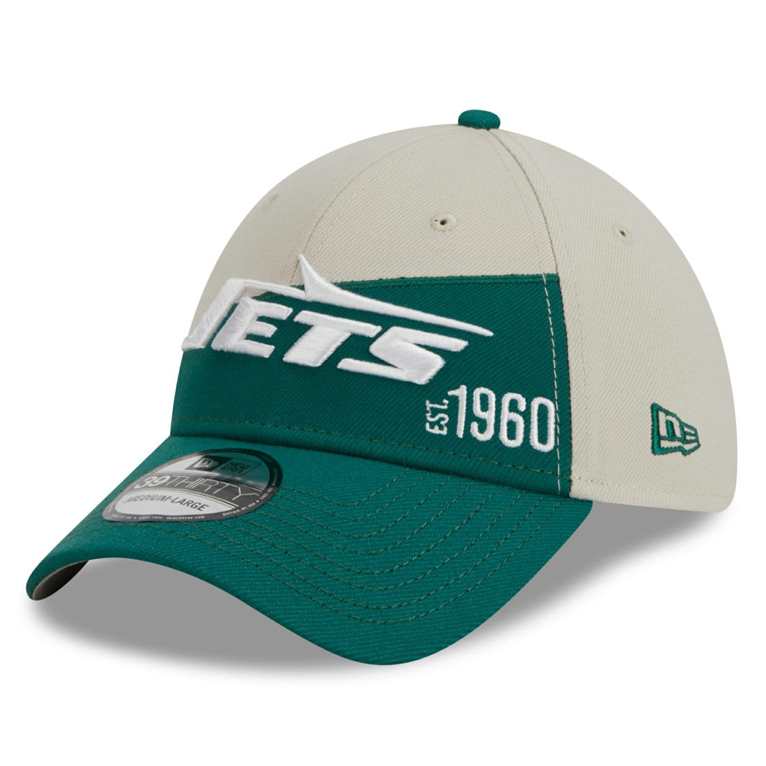 New York Jets New Era 2023 Sideline Historic 39THIRTY Flex Hat Cream/Kelly Green