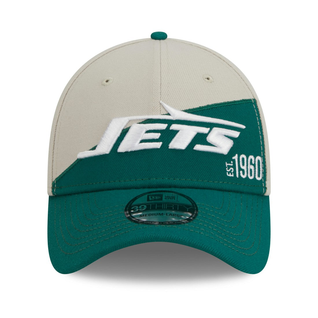 New York Jets New Era 2023 Sideline Historic 39THIRTY Flex Hat Cream/Kelly Green