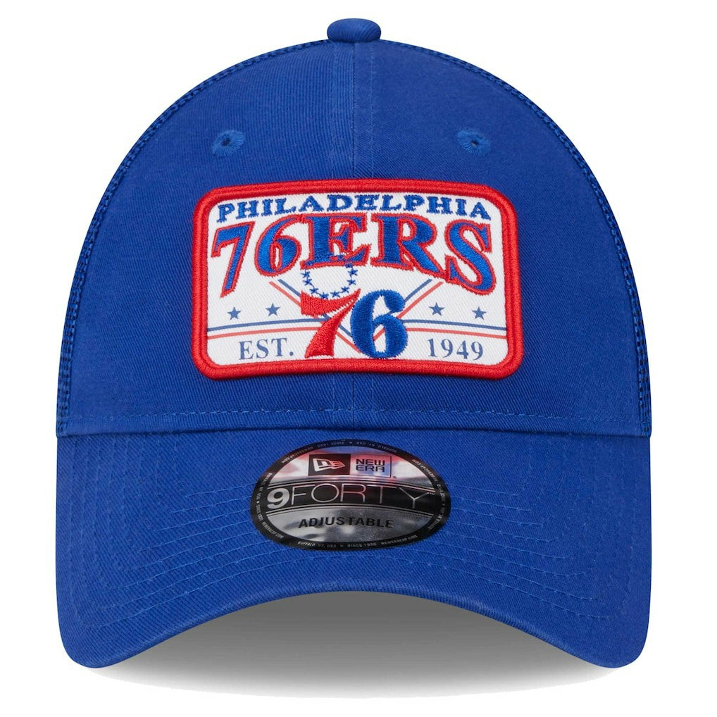Philadelphia 76ers Plate Oversized Patch Trucker 9FORTY Adjustable Hat Royal | New Era discount