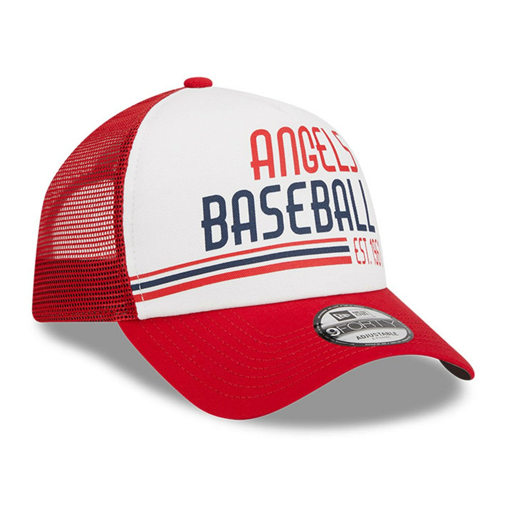 Los Angeles Angels New Era Stacked A-Frame Trucker 9FORTY Adjustable Hat - White/Red - New Era on Sale