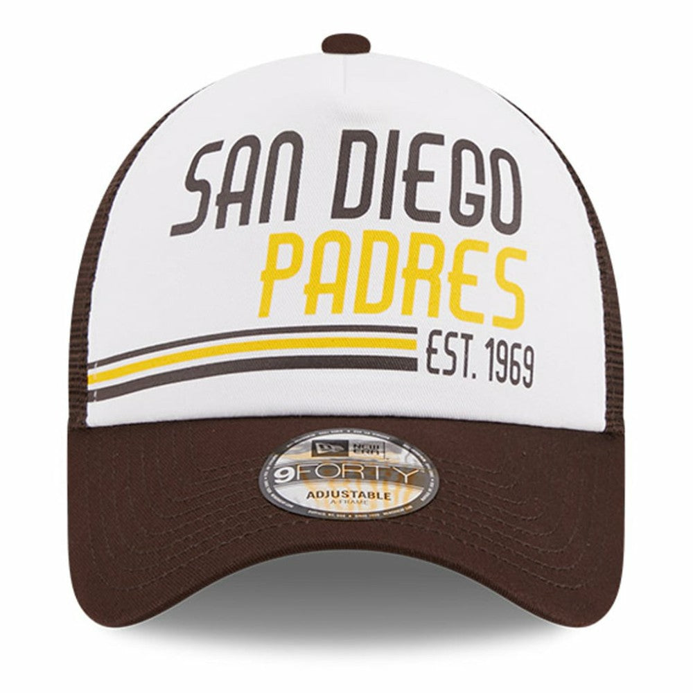 San Diego Padres New Era Stacked A-Frame Trucker 9FORTY Adjustable Hat - White/Brown - New Era Discount
