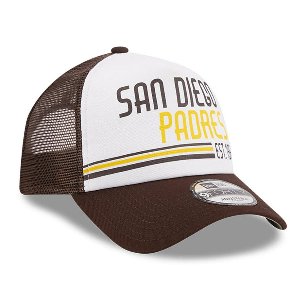 San Diego Padres New Era Stacked A-Frame Trucker 9FORTY Adjustable Hat - White/Brown - New Era Discount