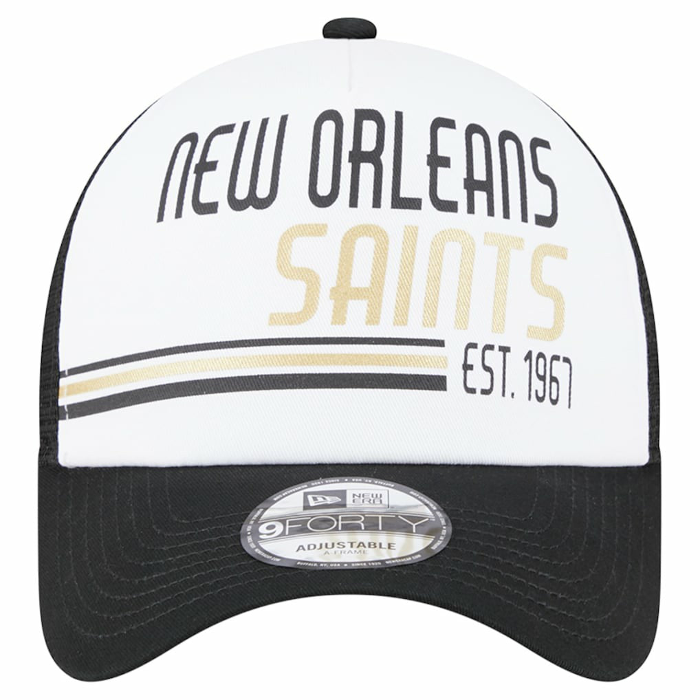 New Orleans Saints New Era Stacked A-Frame Trucker 9FORTY Adjustable Hat White/Black