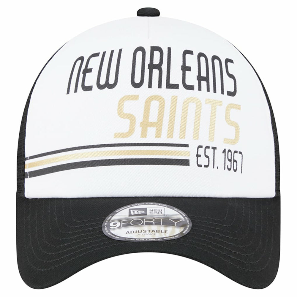 New Orleans Saints New Era Stacked A-Frame Trucker 9FORTY Adjustable Hat White/Black