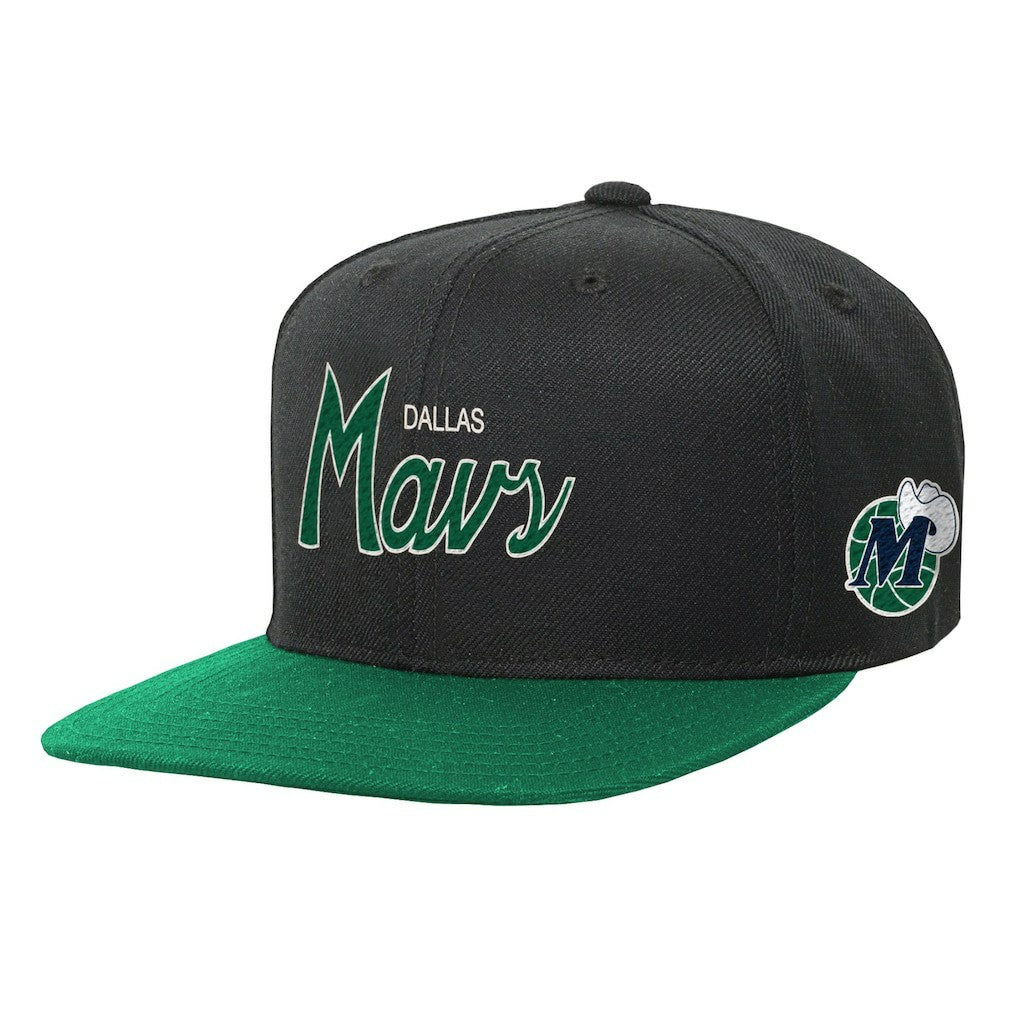 Dallas Mavericks Youth Team Script Snapback Hat for sale Black | Mitchell & Ness Lifestyle