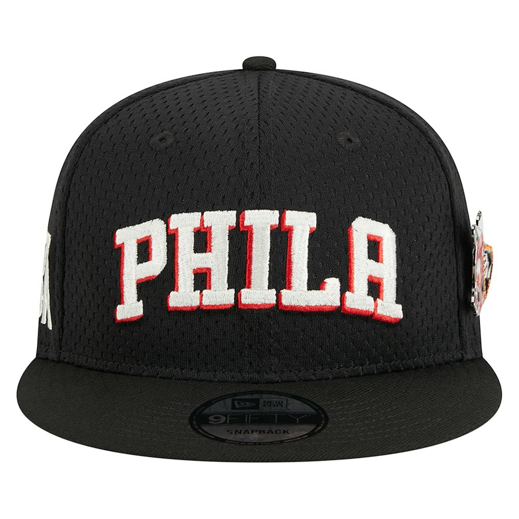 Philadelphia 76ers Post-Up Pin Mesh 9FIFTY Snapback Hat Black | New Era for sale