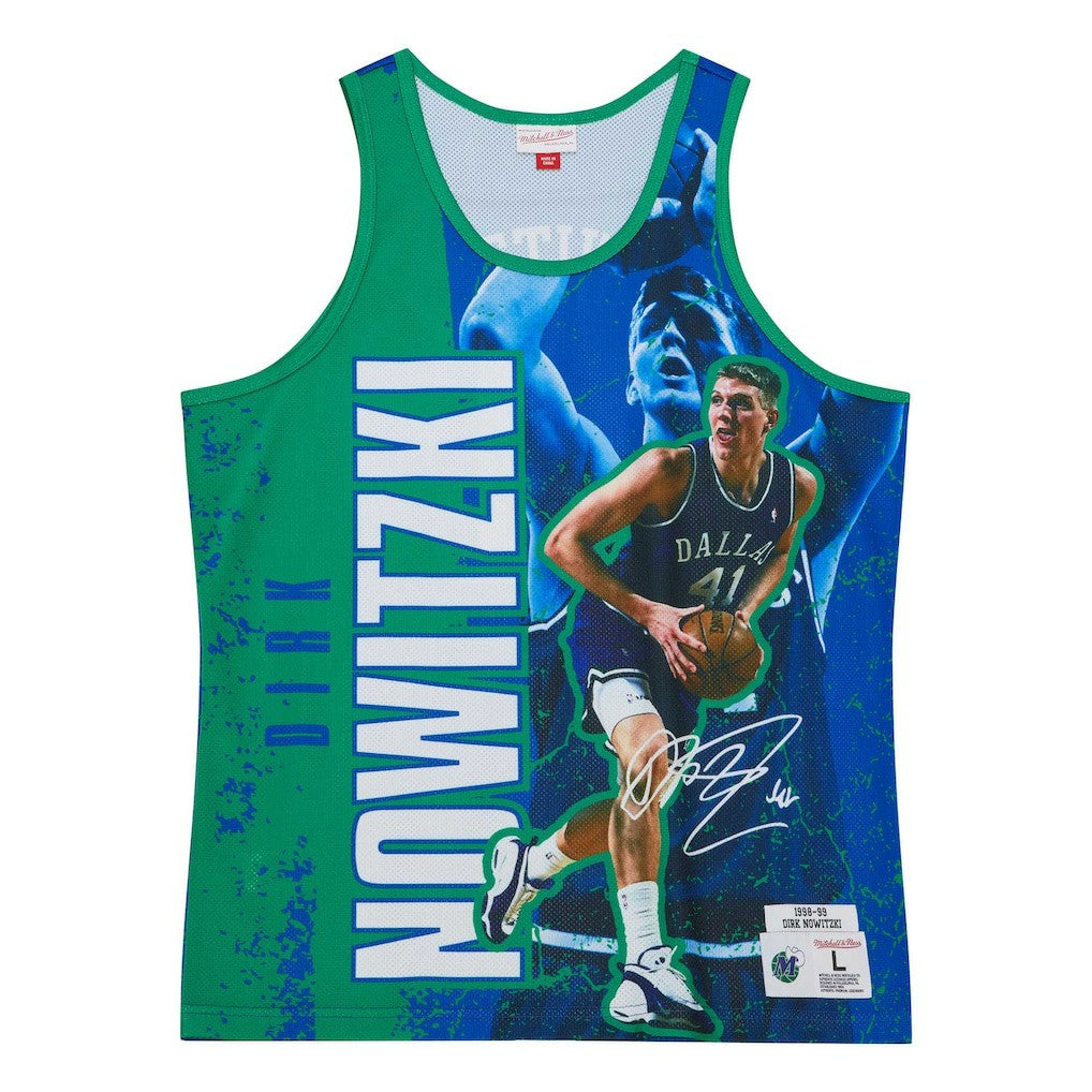 Dirk Nowitzki Dallas Mavericks Hardwood Classics Player Burst Tank Top for sale Blue | Mitchell & Ness online