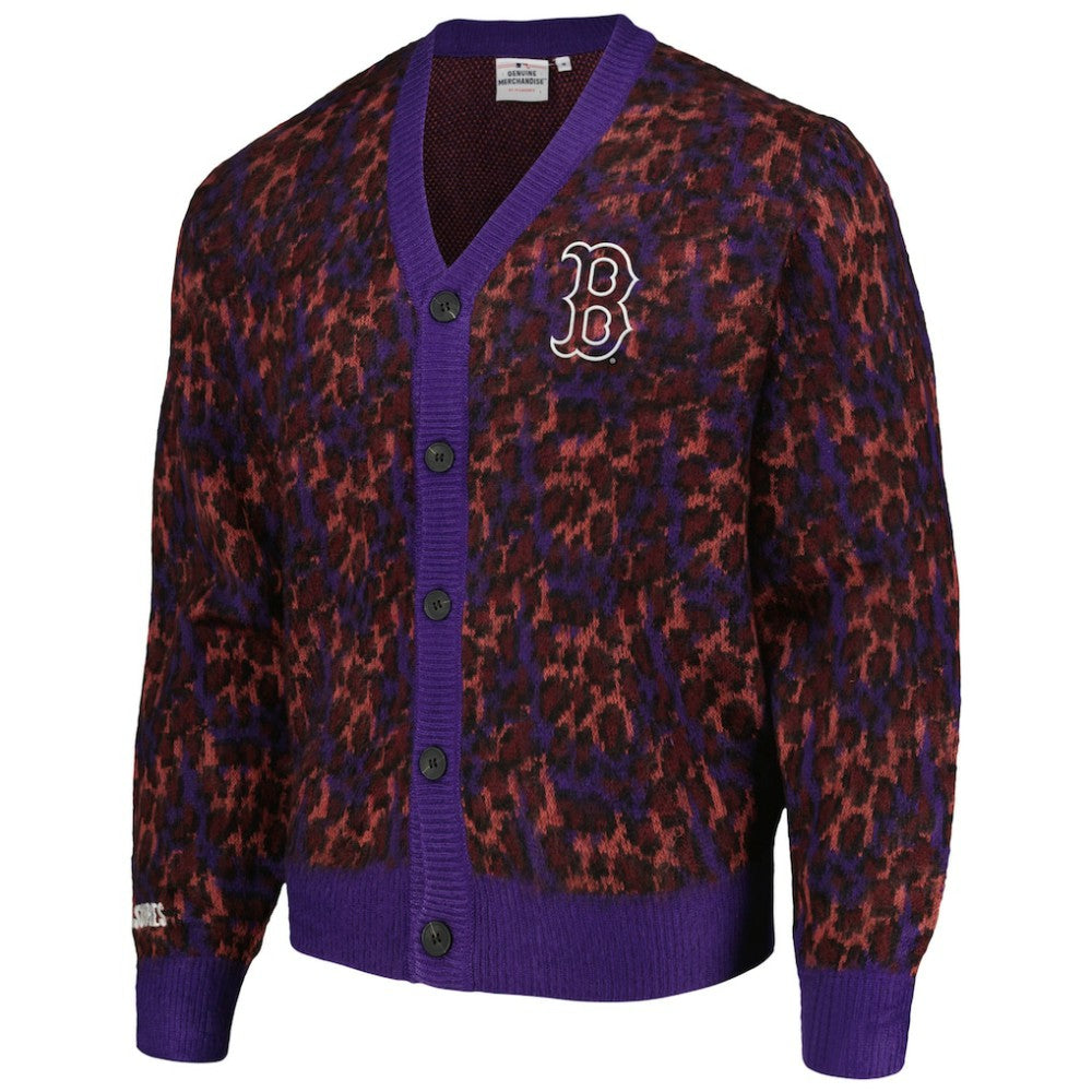 Boston Red Sox PLEASURES Cheetah Cardigan Button-Up Sweater - Purple - MLB Discount