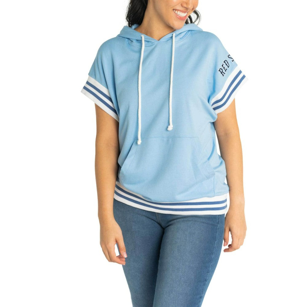 Boston Red Sox Lusso Women's Mabel Tri-Blend Short Sleeve Pullover Hoodie - Light Blue - MLB Sale