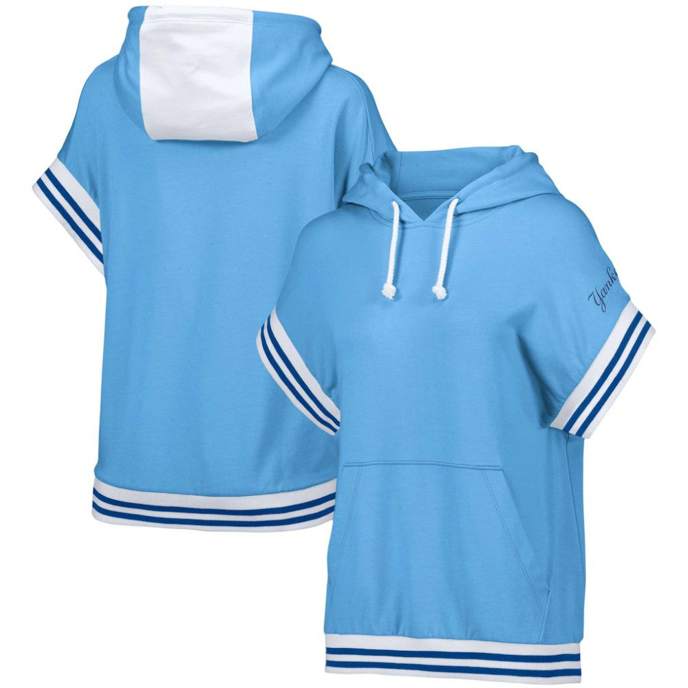 New York Yankees Lusso Women's Mabel Tri-Blend Short Sleeve Pullover Hoodie - Light Blue - MLB on Sale
