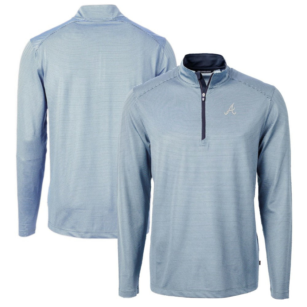 Atlanta Braves Cutter & Buck Virtue Eco Pique Micro Stripe Recycled Quarter-Zip Pullover Top - Light Blue/Navy - MLB Sale