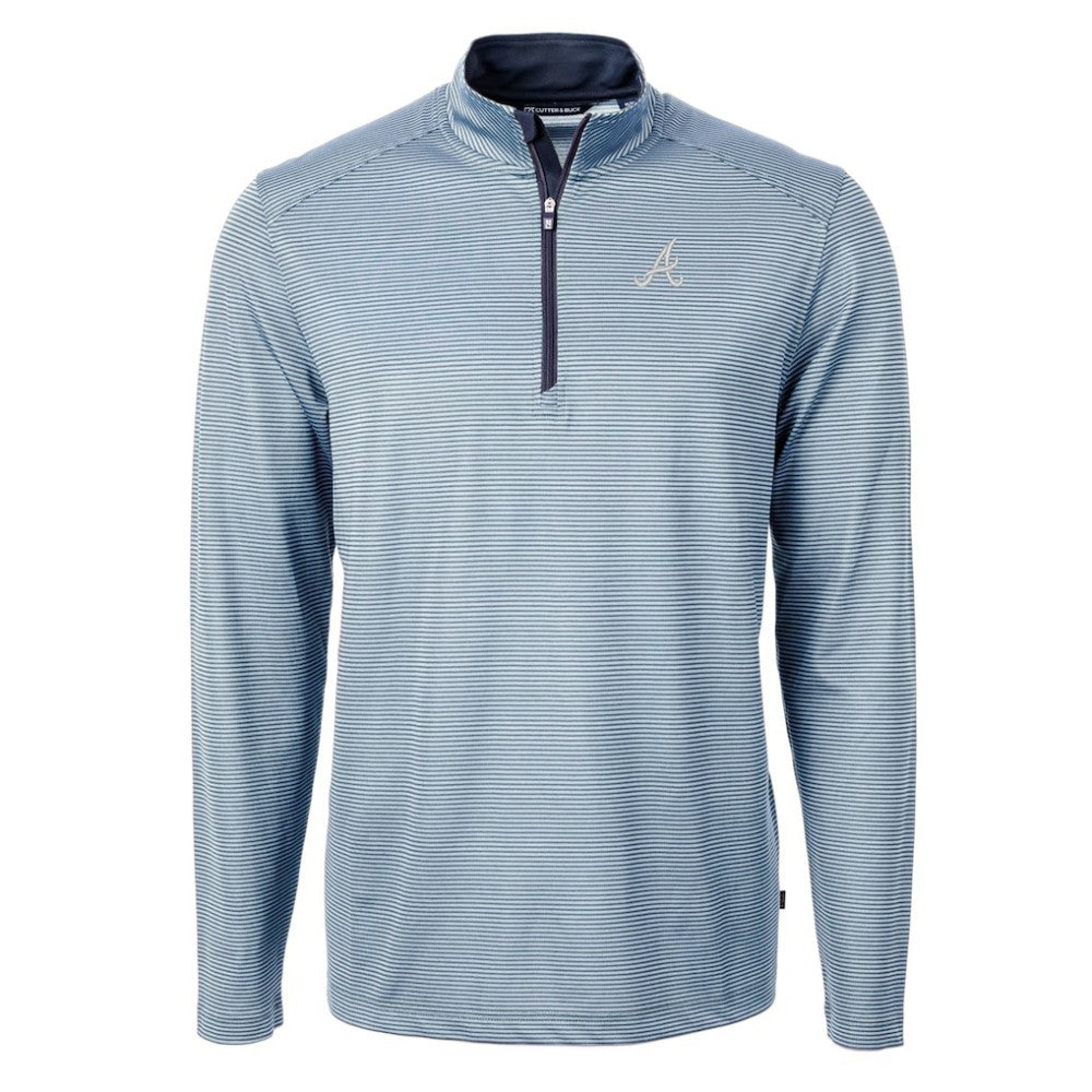 Atlanta Braves Cutter & Buck Virtue Eco Pique Micro Stripe Recycled Quarter-Zip Pullover Top - Light Blue/Navy - MLB Sale