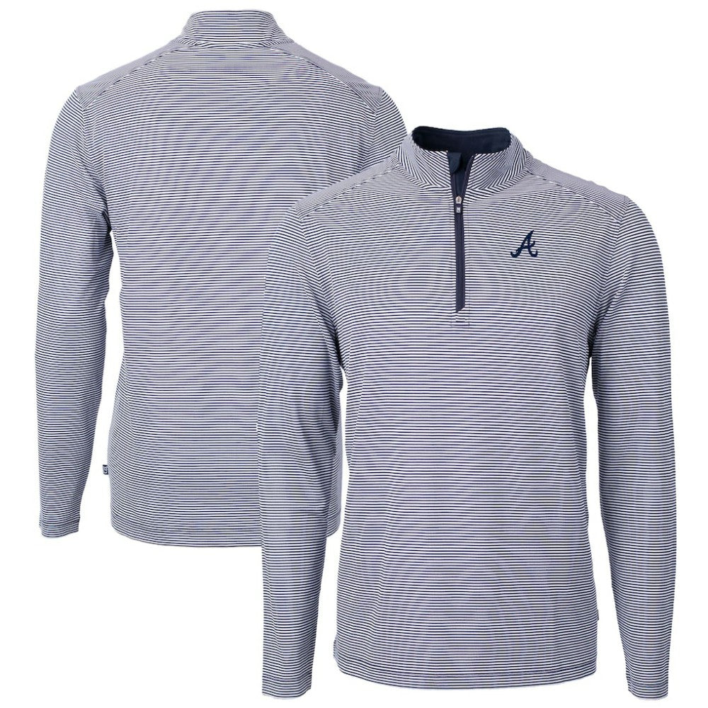 Atlanta Braves Cutter & Buck Virtue Eco Pique Micro Stripe Recycled Quarter-Zip Pullover Top - Navy/White - MLB Sale