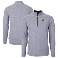 Atlanta Braves Cutter & Buck Virtue Eco Pique Micro Stripe Recycled Quarter-Zip Pullover Top - Navy/White - MLB Sale
