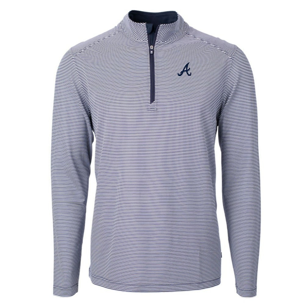 Atlanta Braves Cutter & Buck Virtue Eco Pique Micro Stripe Recycled Quarter-Zip Pullover Top - Navy/White - MLB Sale