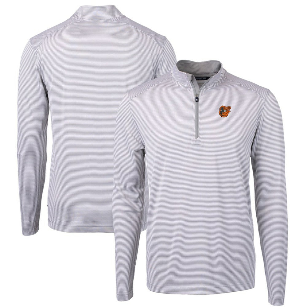 Baltimore Orioles Cutter & Buck Virtue Eco Pique Micro Stripe Recycled Quarter-Zip Pullover Top - Gray/White - MLB Sale