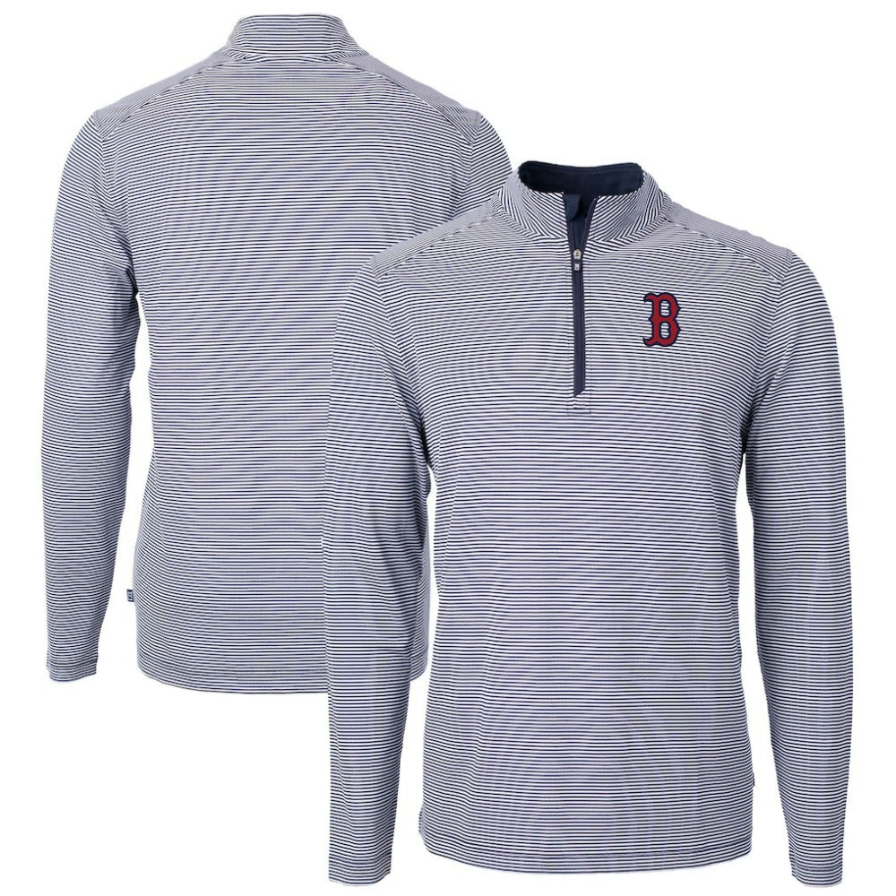 Boston Red Sox Cutter & Buck Virtue Eco Pique Micro Stripe Recycled Quarter-Zip Pullover Top - Navy/White - MLB Lifestyle