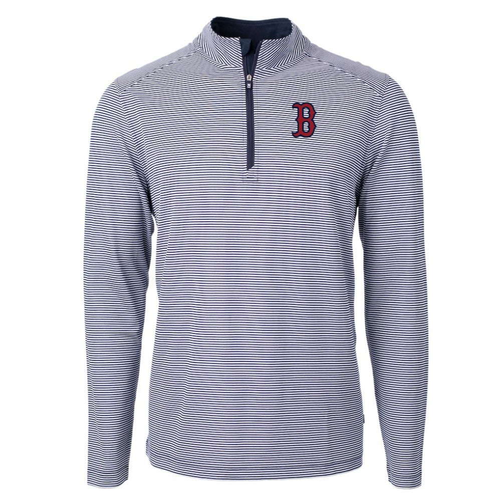 Boston Red Sox Cutter & Buck Virtue Eco Pique Micro Stripe Recycled Quarter-Zip Pullover Top - Navy/White - MLB Lifestyle