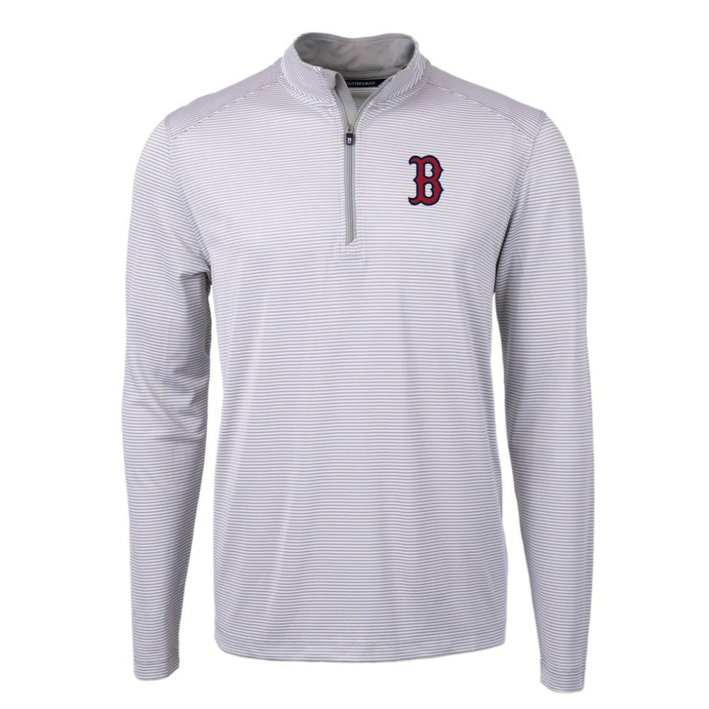 Boston Red Sox Cutter & Buck Virtue Eco Pique Micro Stripe Recycled Quarter-Zip Pullover Top - Gray/White - MLB on Sale