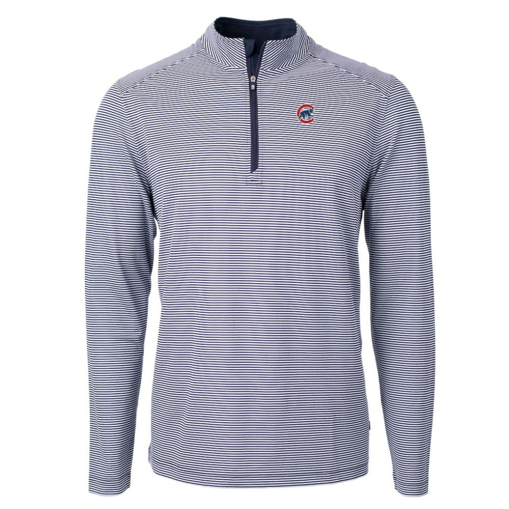 Chicago Cubs Cutter & Buck Virtue Eco Pique Micro Stripe Recycled Quarter-Zip Pullover Top - Navy/White - MLB Discount