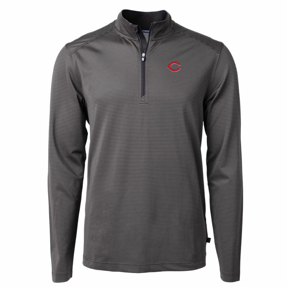 Cincinnati Reds Cutter & Buck Virtue Eco Pique Micro Stripe Recycled Quarter-Zip Pullover Top - Black/Gray - MLB Sale