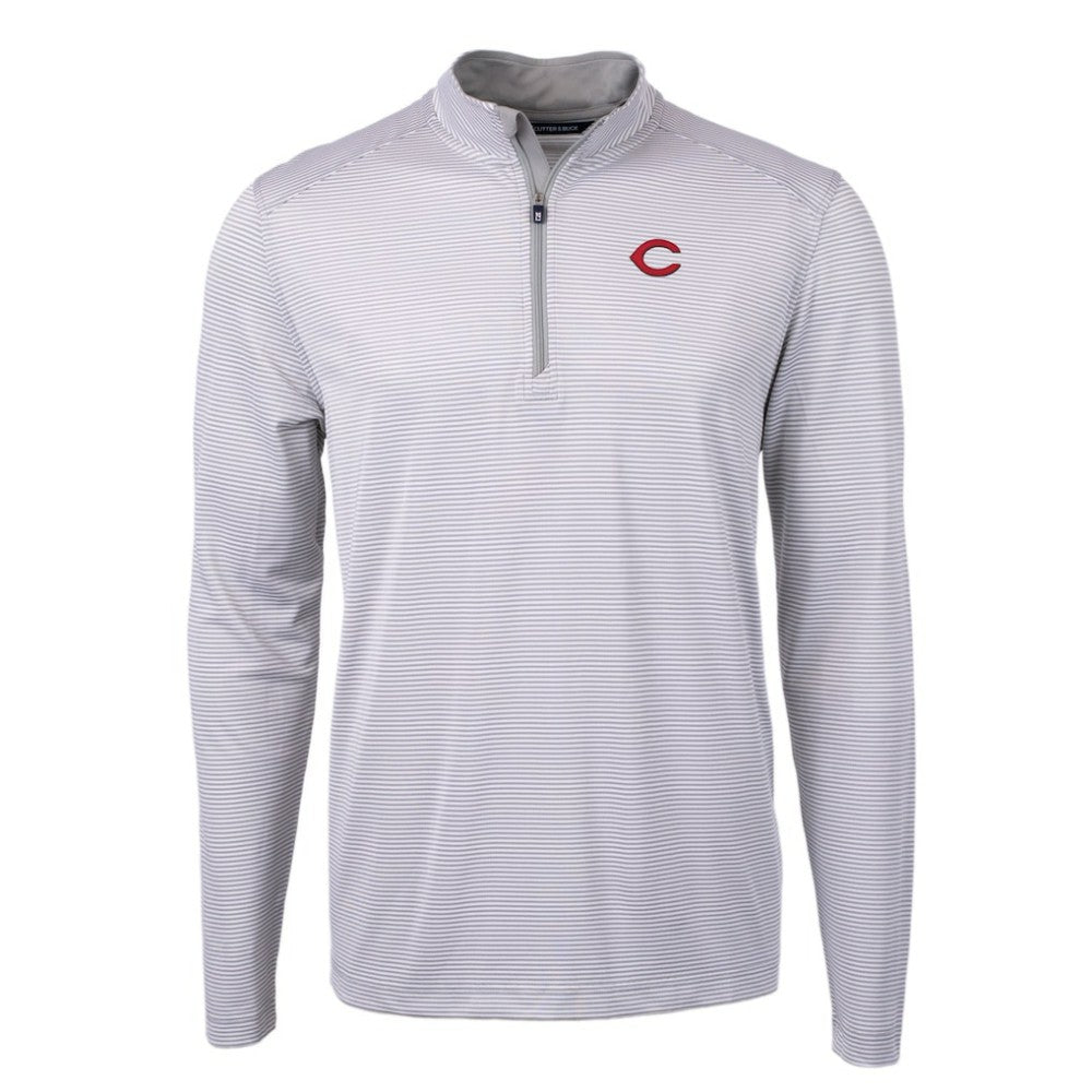 Cincinnati Reds Cutter & Buck Virtue Eco Pique Micro Stripe Recycled Quarter-Zip Pullover Top - Gray/White - MLB Online