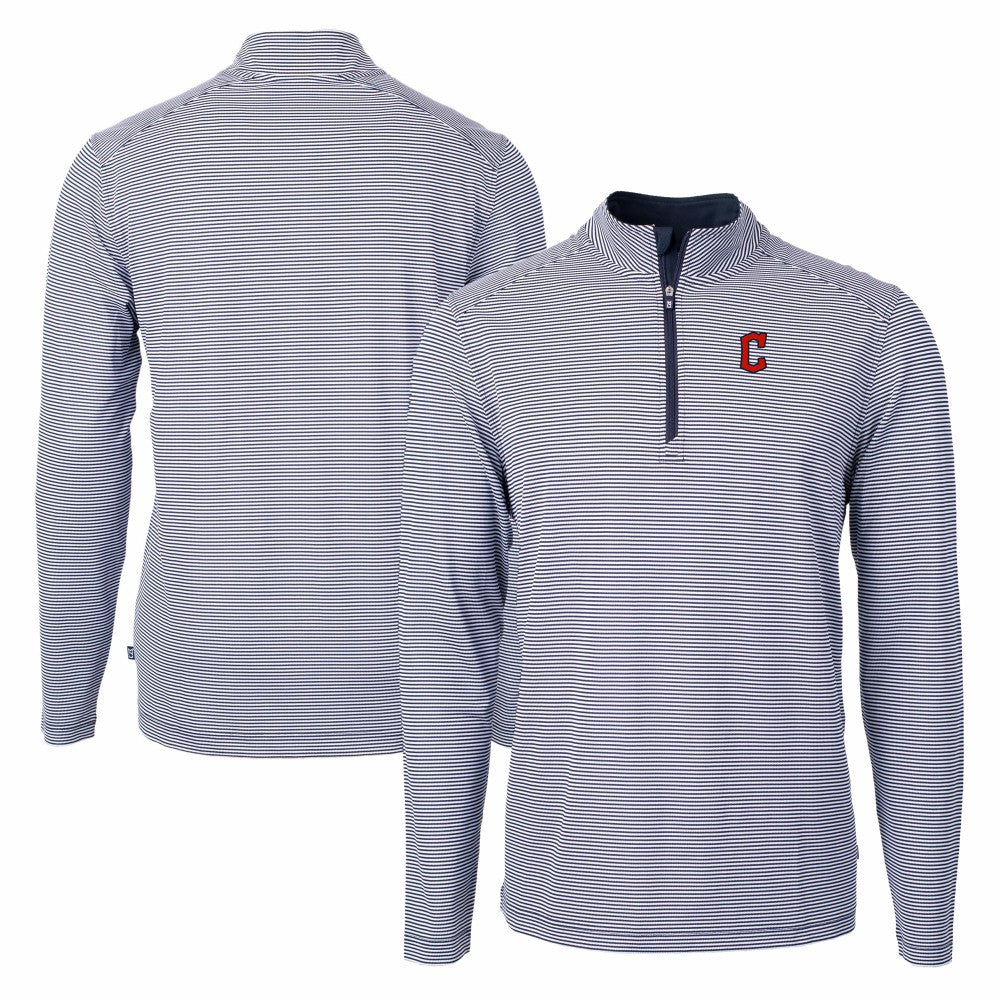 Cleveland Guardians Cutter & Buck Virtue Eco Pique Micro Stripe Recycled Quarter-Zip Pullover Top - Navy/White - MLB Discount